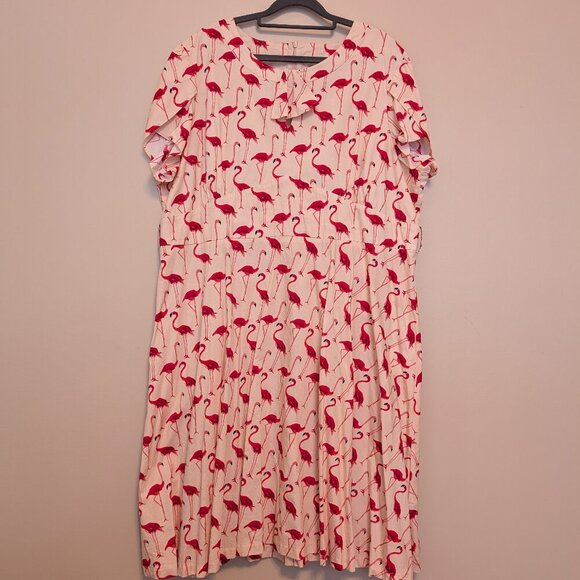 Lindy Bop Flamingo Print Midi Dress - Pink and Cream - Picture 2 of 13